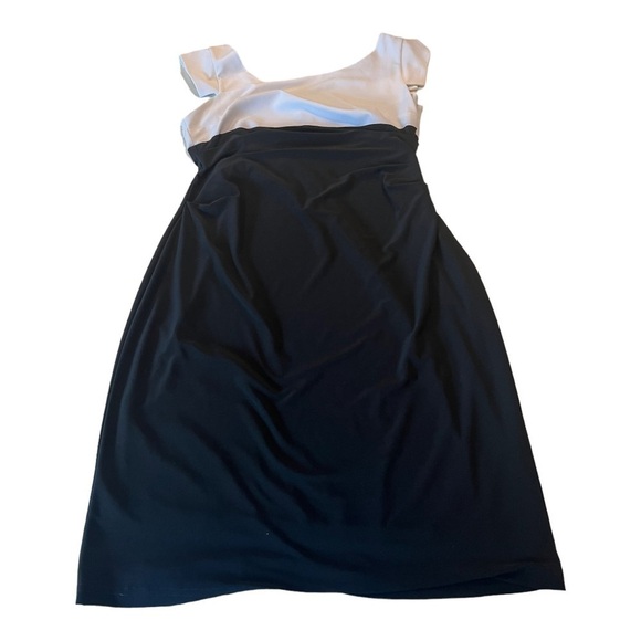 Joseph Ribkoff Slanted Neckline White Black Sheath Ruched Stretch Dress Size 12 - Picture 11 of 15